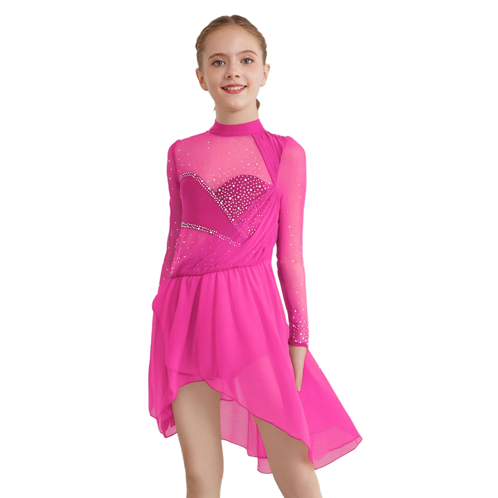 

Girls Lyrical Ballet Jazz Dance Dresses Long Sleeves Shiny Rhinestones Dress with Built-in Briefs for Professional Dance Show