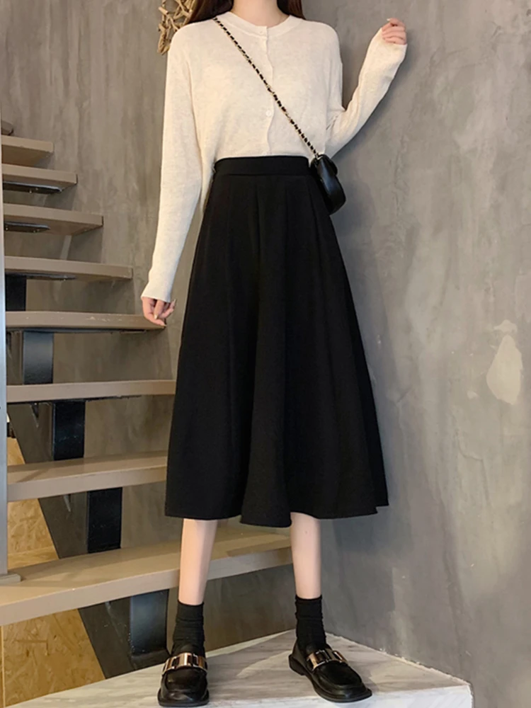 High Waist Bla A-Line  Skirt Women's Korean Sle Autumn Winter New Small Size Slimming Ele Midi Umbrella Skirt