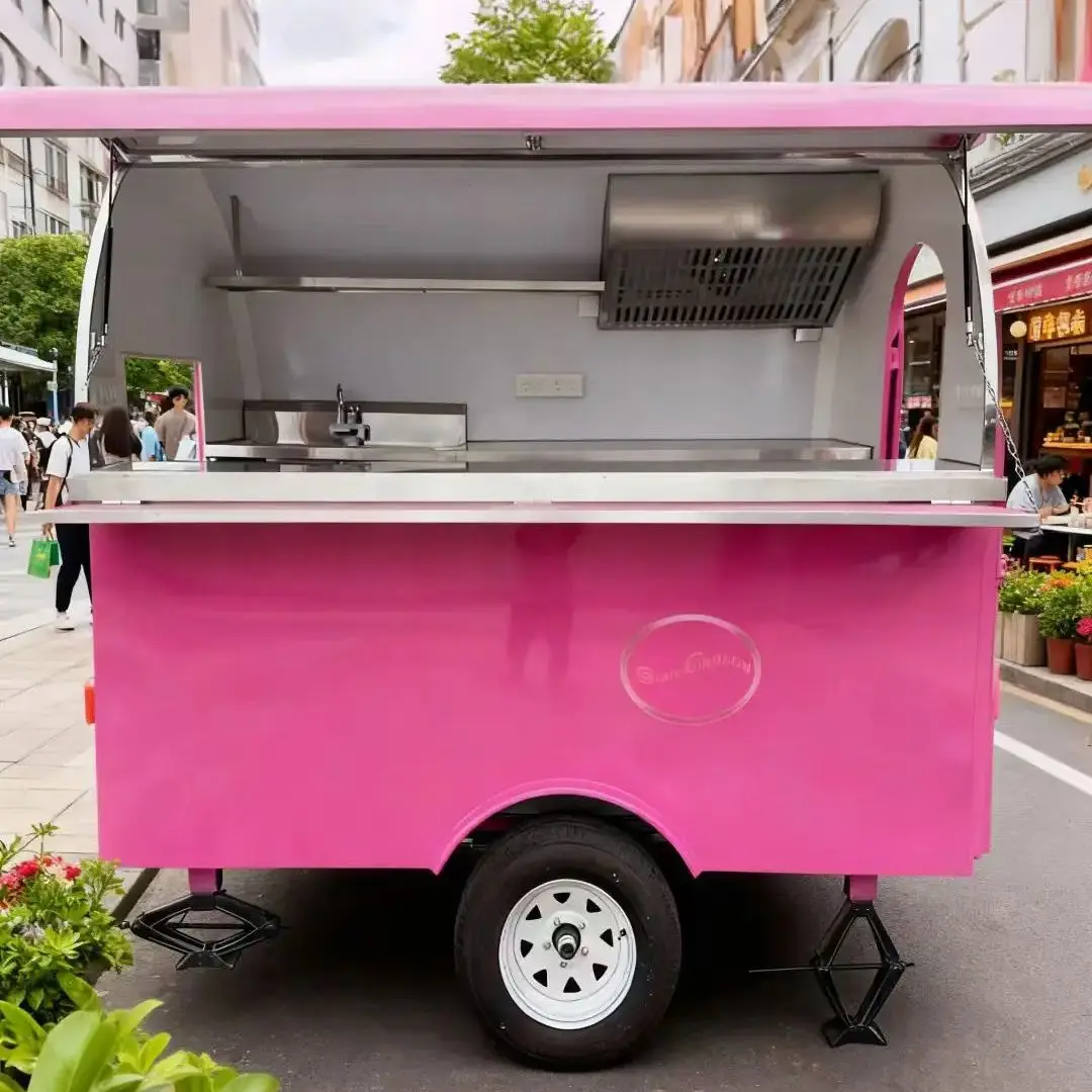 

High-saturation pink outdoor food trailer, with a high-value appearance that catches the eye, an essential for mobile food stall