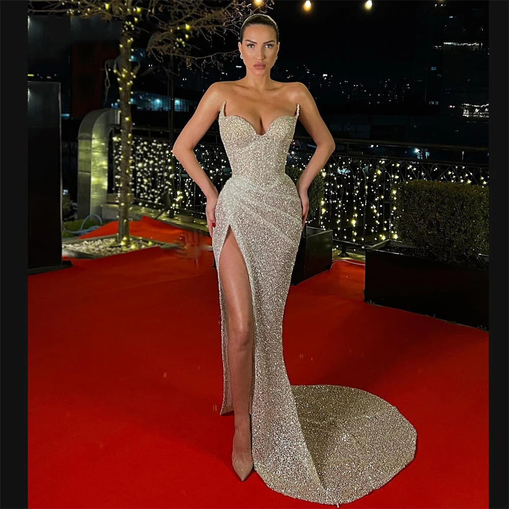 Vestido De noche De sirena brillante, traje Sexy sin mangas, Espalda descubierta, largo hasta el fregado, con horquilla alta