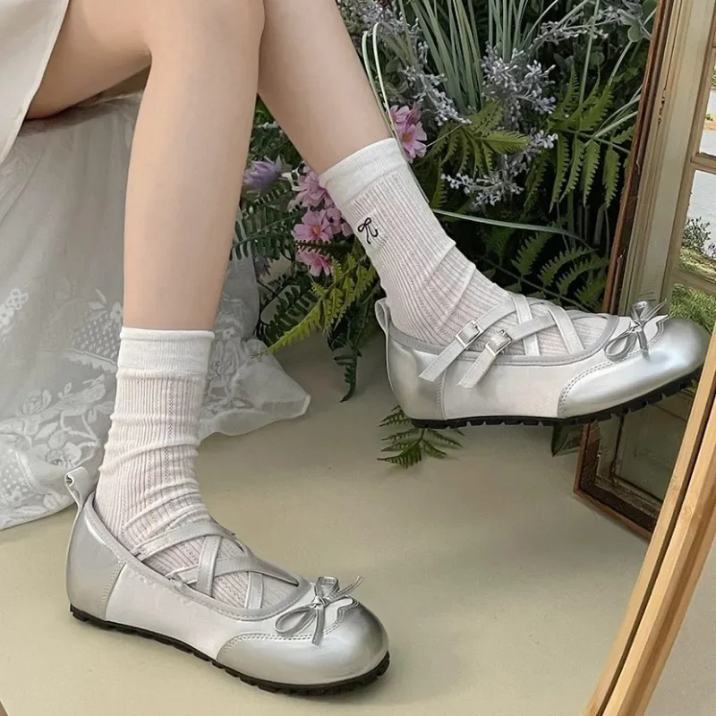 

New Round Head Buckle Flat Women's Mary Jane Shoes Fashion Soft Sole Bow Decorated Woman Ballet Shoes Casual Walking Woman Shoes