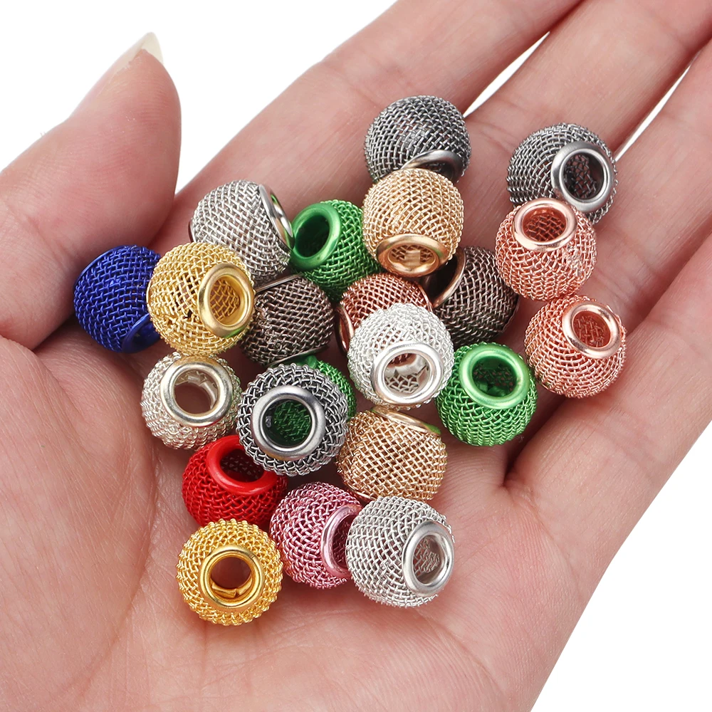 10pcs/lot 10x12mm Big Hole Round Ball Metal Beads Mesh Net Loose Spacer Beads For DIY Jewelry Making Bracelet Necklace Supplies