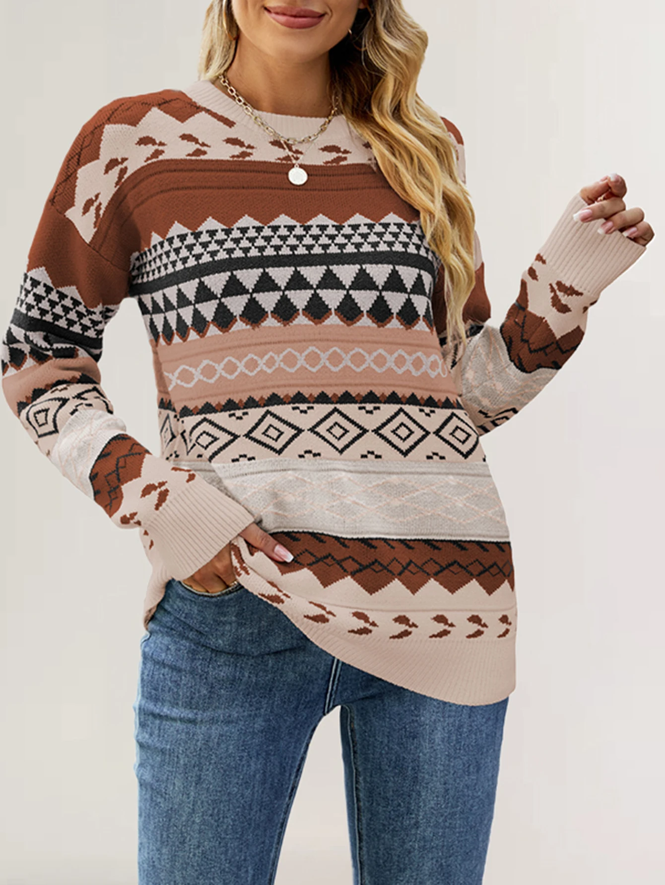 

Женский винтажный лоскутный свитер в стиле ретро с длинным рукавом и круглым вырезом, обычный крой, осенний отпускной топ для женщин