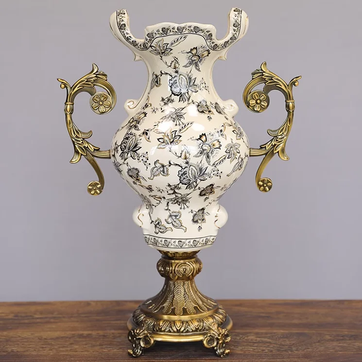 

Wholesale Hotel Home Decoration Flower Pattern Handmade Luxury Ceramics Vase With Alloy Handle