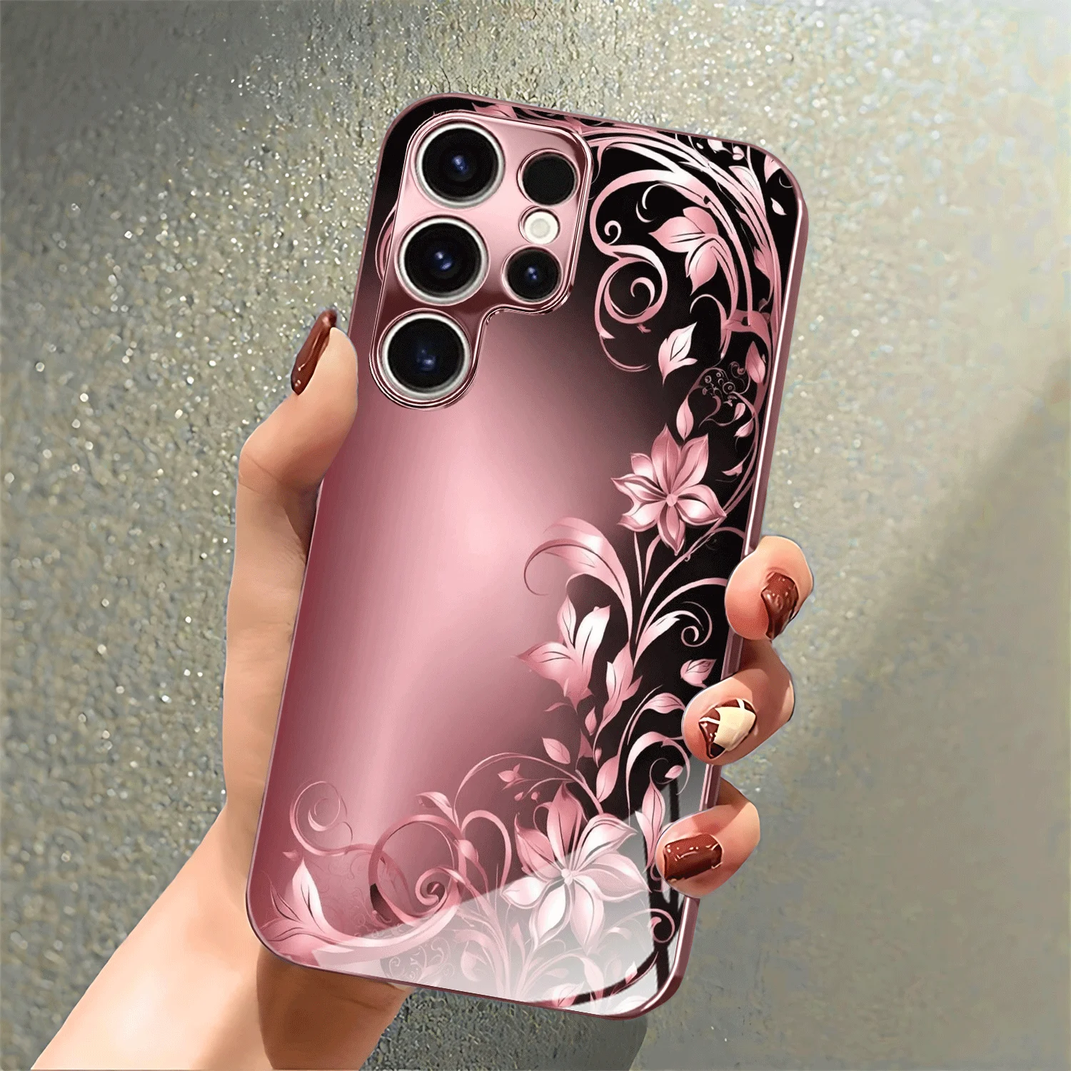 Floral-patterned Rose Gold Electroplated Glass Phone Case, Suitable for Samsung Galaxy S26/S25/S24/S23/S22/S21 and Other Models