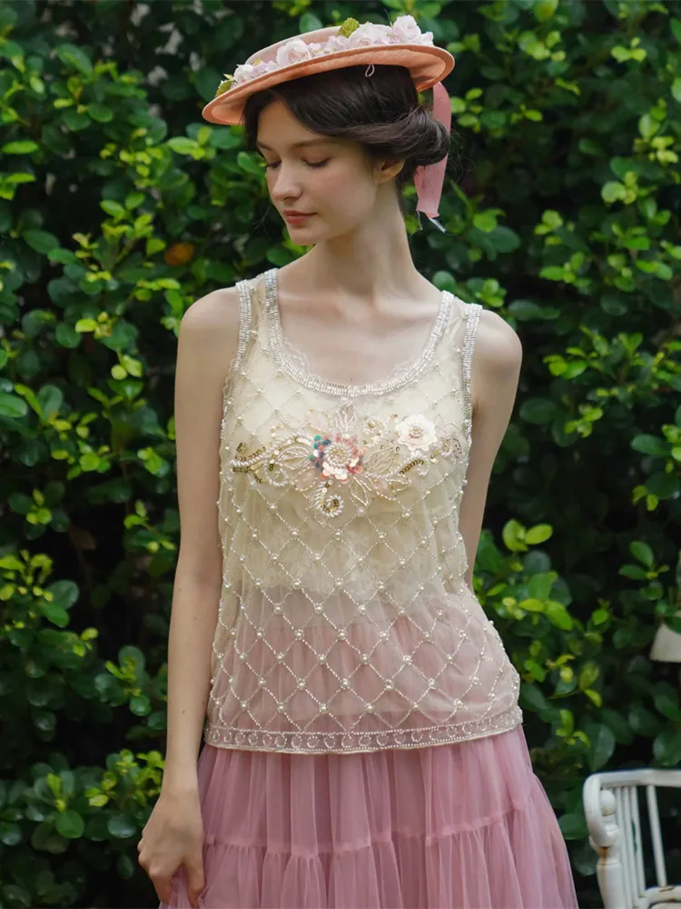 

84-88cm Bust Summer Tanks Tops Women Korean Fashion Elegant Slim Handmade Beading Sparkling Sequins Flowers See-Through Blouses
