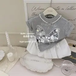 Summer Baby Girl Clothing Sets Kids Sequined Butterfly Short Sleeved Slit Short Sleeved T-shirt Top+ Children White Skirt Suit
