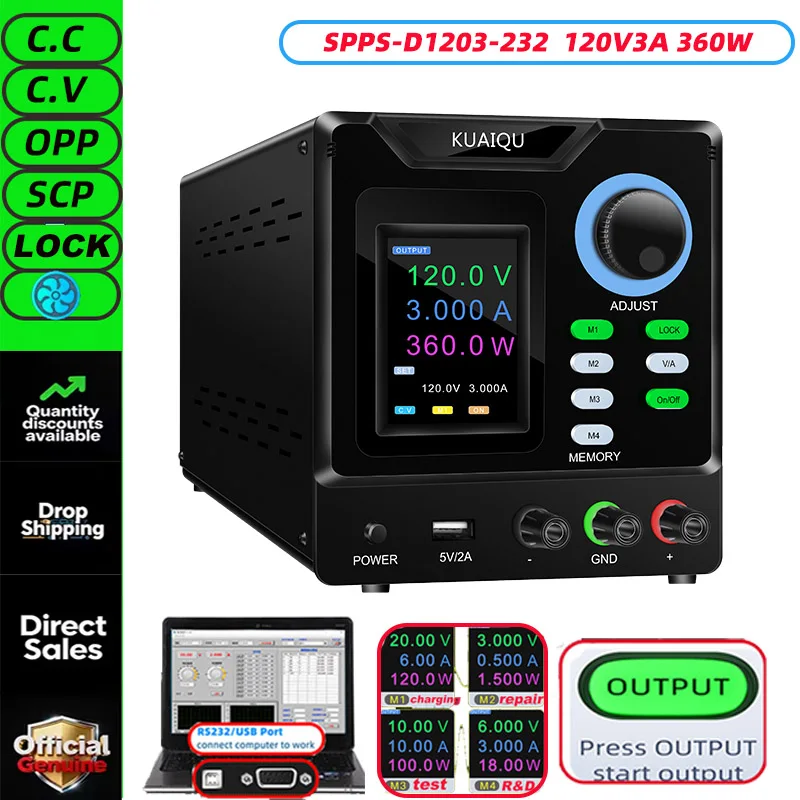 KUAIQU RS232/USB High Power Verstelbare LAB Voeding 1000V 800V 400V 300V 600V 30V 5A 10A Geheugenopslag, Uitgang, Software PC