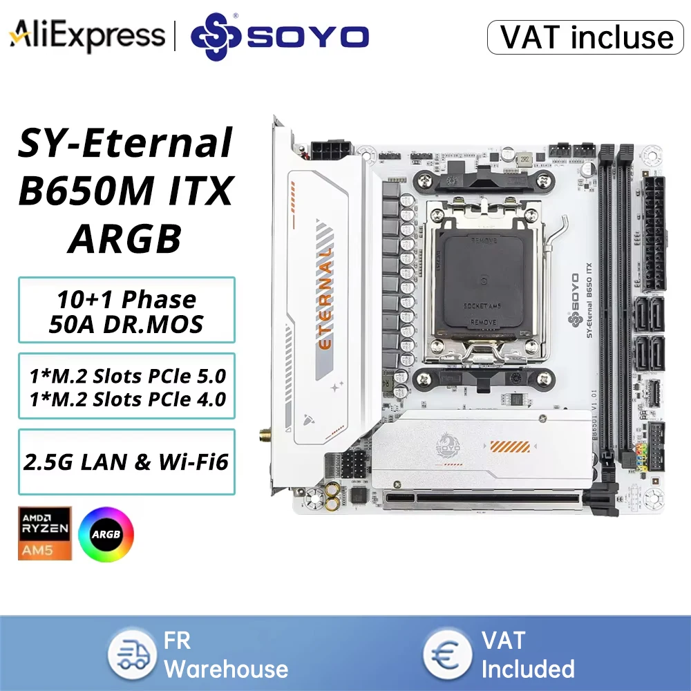 Placa base SOYO B650M WiFi Mini-lTX de doble canal DDR5 con zócalo AM5 compatible con procesadores Ryzen serie 7000/8000/9000 para juegos en casa, ordenadores de escritorio de oficina