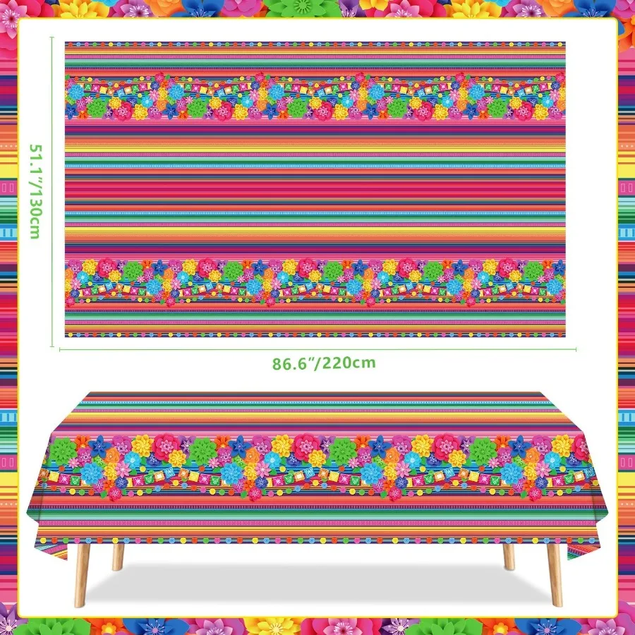 4 Pcs Mexican Fiesta Tablecloth Cinco De Mayo Plastic Table Cover Mexico Colorful Striped Paper Flower Table Cloth Mexican Holi