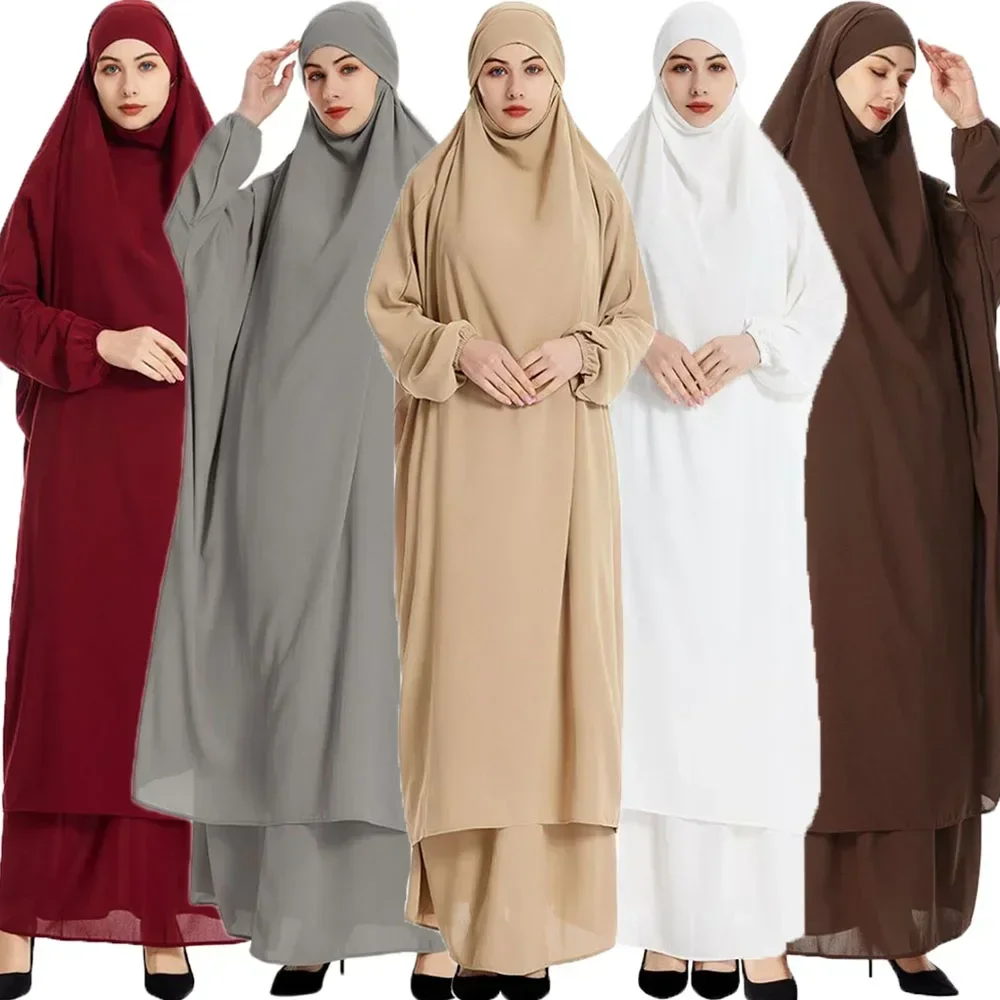 

2 Piece Set Muslim Women Hijab Dress Prayer Garment Abaya Khimar Jalabiya Robe Ramadan Arabic Gown Islam Clothing Eid Djellaba