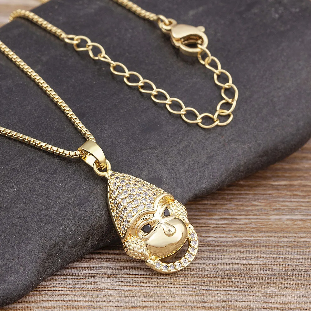 Nidin New Trendy Cute Animal Monkey Cubic Zirconia Pendant Relief Chain Necklace Women\'s Creative Design Jewelry Exquisite Gift