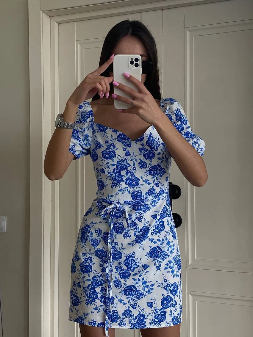 

Marthaqiqi Printing Female Pajamas Sexy Slash Neck Sleepwear Short Sleeve Nightie Lace Up Nightgowns Mini Dress Women Nightwear