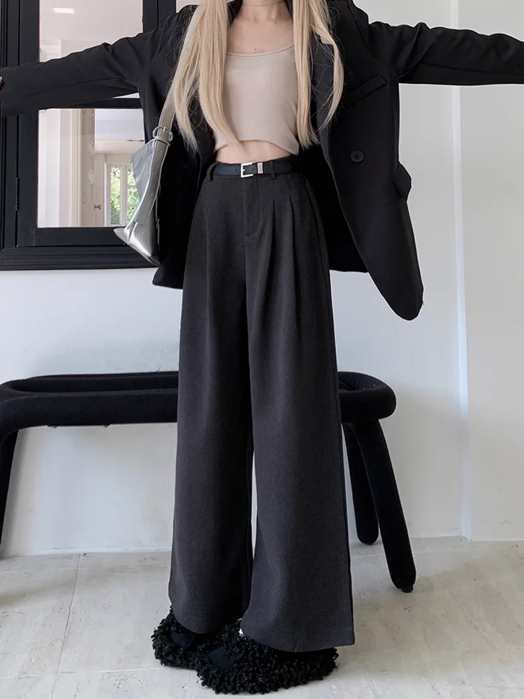 

Gray Woolen Casual Pants Wide Leg Pants Women's Winter High Waist Hanging Feeling Slimming Straight Leg Pants