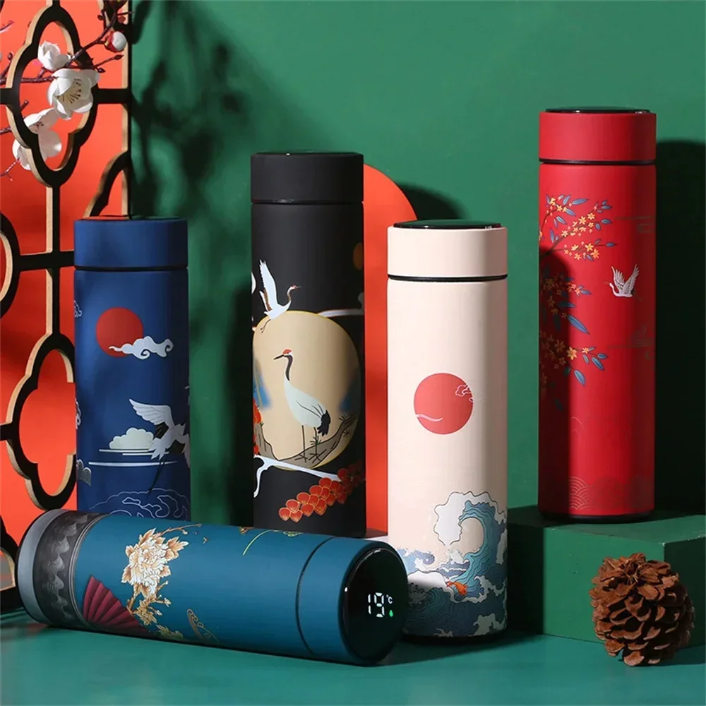 Portable Thermos Bottle Coffee Tea Mug Chinese Style Smart Temperature Display Vacuum Flask Water Bottle With Filter Thermos Cup