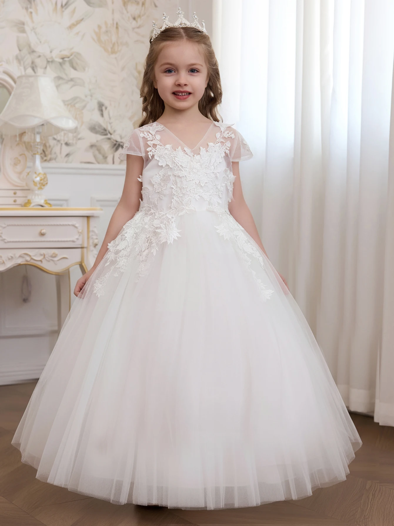 女の子用ホワイトレースアップリケチュールプリンセスドレス-vバックガウン-フラワーガールの結婚式や聖体拝領に最適