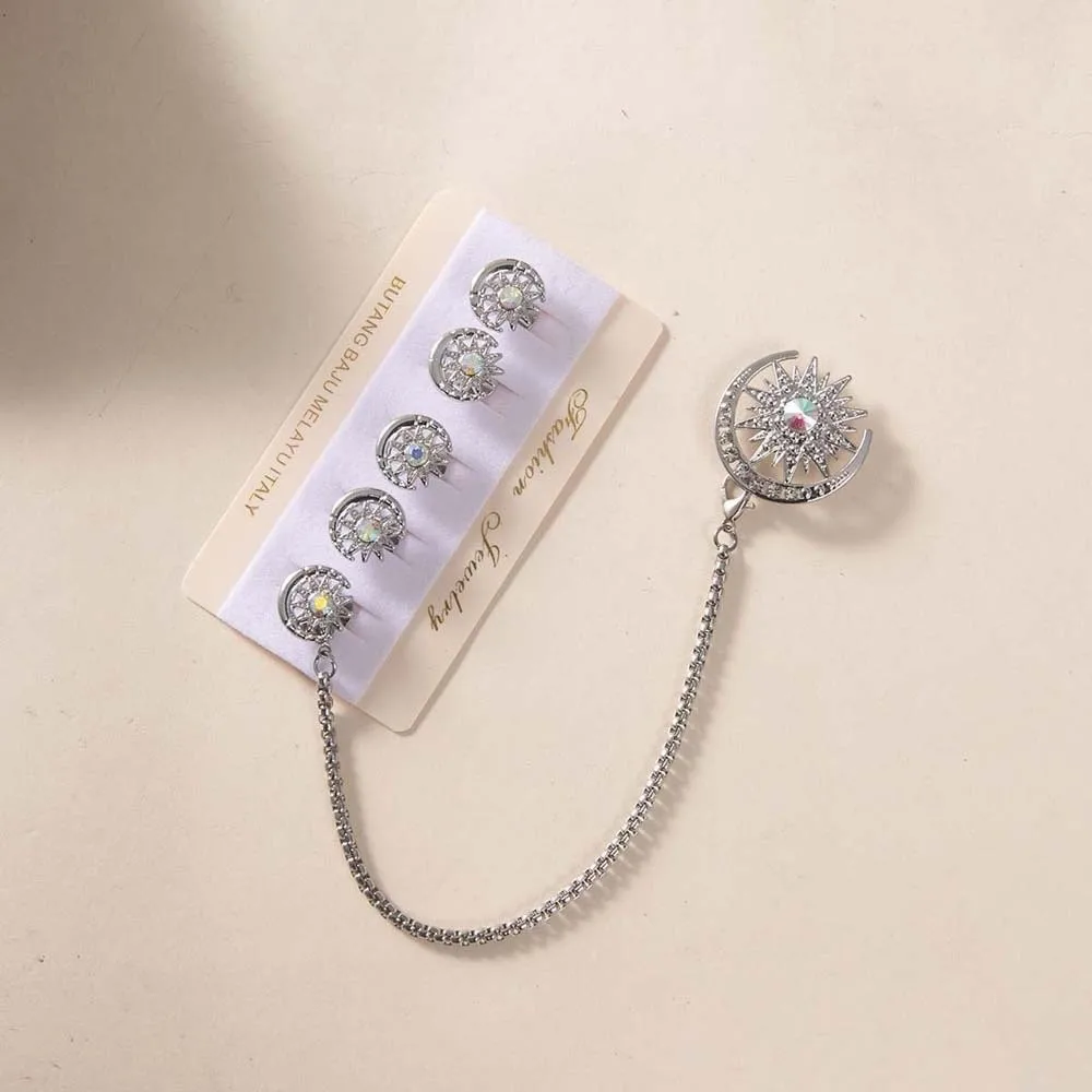 5pcs Corsage Ornament Butang Baju Melayu Vintage Rhinestone Baju Melayu Studs Star and Moon Golden / Silver Brooch with Chain