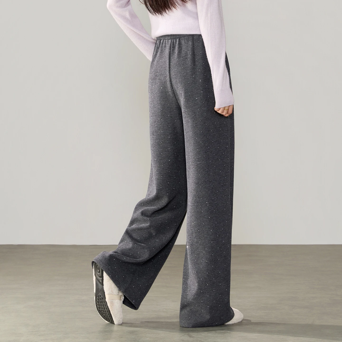 SENTUBILA Women Straight Leg Pants Fleece Lined Elastic Waist Rhinestone Hotfix Draping  Winter Warm Commuter Trousers 164KA6830