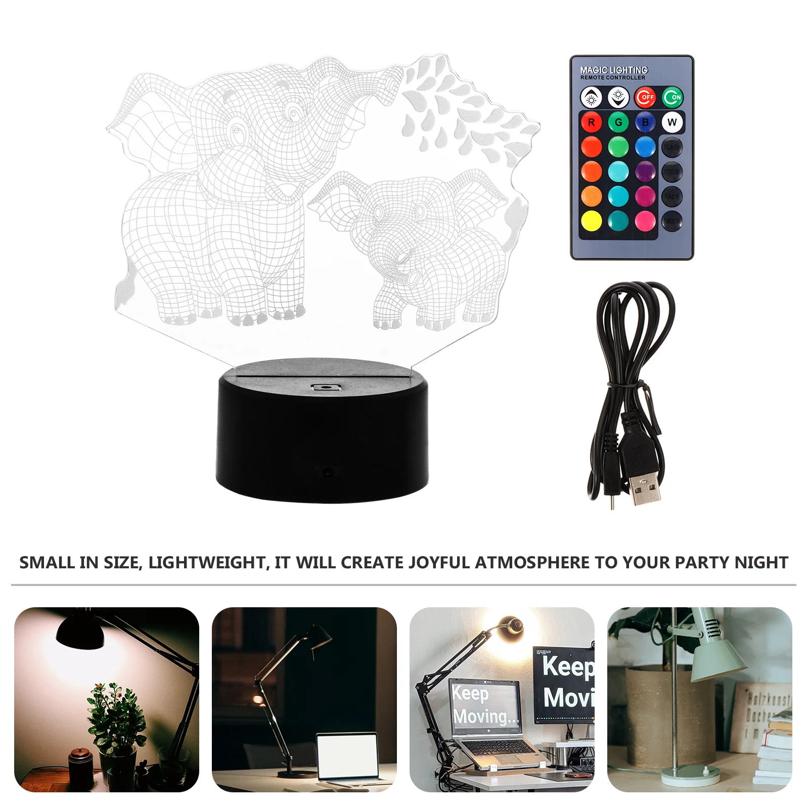 

1Pcs LED Elephant 3D Night Light Exquisite Workmanship Desktop Party Atmosphere Lamp Detachable Colorful USB Powered