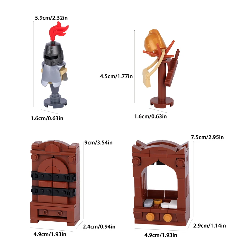Blocos de construção de cena de castelo militar medieval, vista de rua, bruxa, torre de laboratório, móveis de aranha, cama de taberna, arma, brinquedos de tijolos