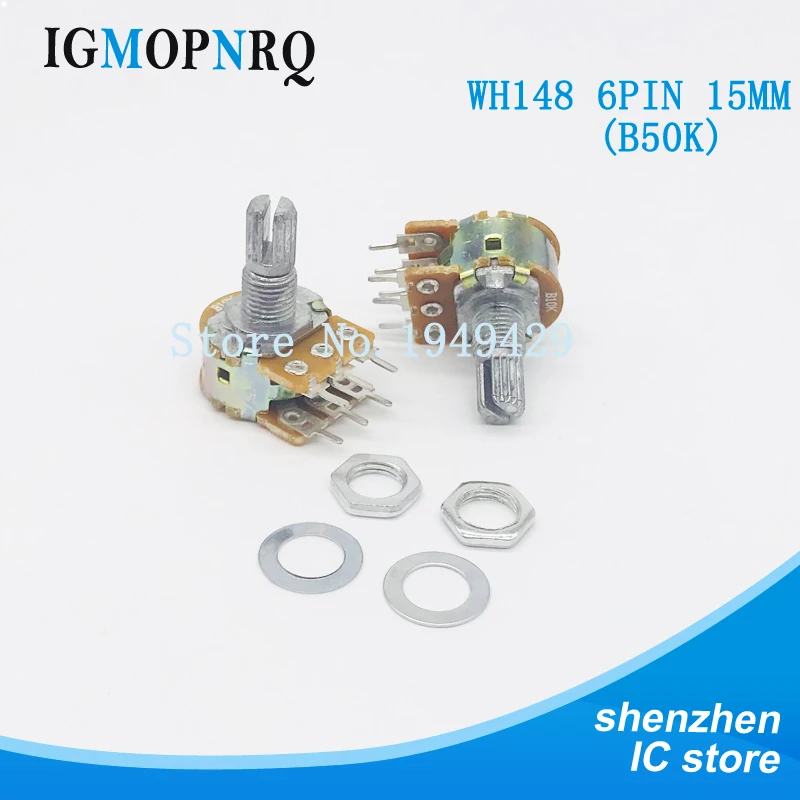 5PCS/LOT Dual Stereo Potentiometer Pot B50K 50K shaft 15mm 6Pin WH148 Ohm R Amplifier High Quality