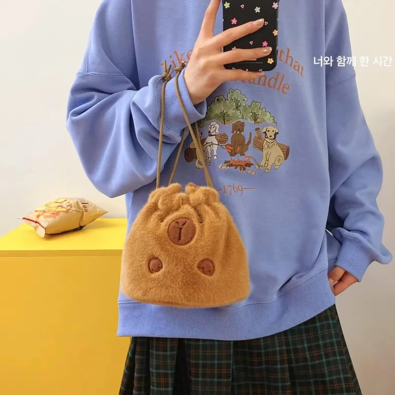 Cute Plush Capybara Drawstring Bag Suitable for Back To School Storage Bag Travel Cosmetics Camera Upright Storage Bag Handbag