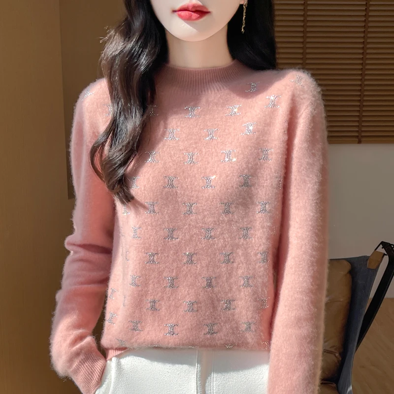 Autumn and winter new 100% pure wool double C rhinestones women's semi-turtle neck loose casual knit bottoming shirt.