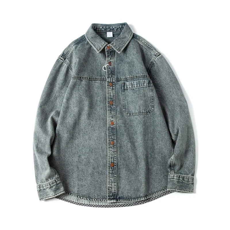 

American Retro Waed Denim irt Loose Fit Thiened Casual Workwear Youth Cotton Polyester Blend Long Sve Button up