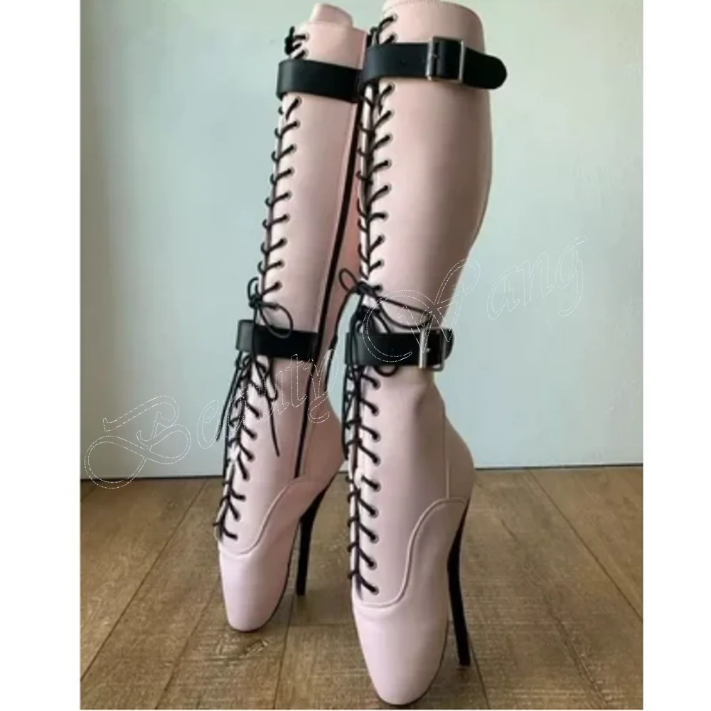 Blue Lock Decor Ballet Boots Cross Tied Round Toe Strange High Heel Shoes for Women Runway High Heels 2023 Zapatillas Mujer