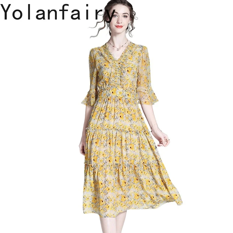 

YOLANFAIRY 100% натуральные шелковые платья из тутового шелкопряда для женщин, модные длинные платья с цветочным принтом, элегантное летнее платье 2026 Vestidos