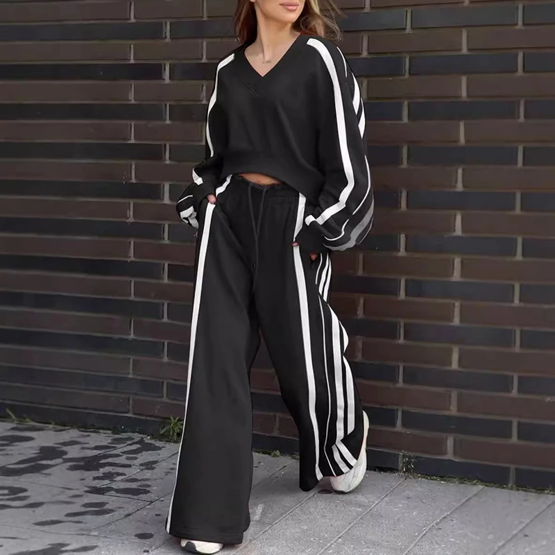 Y2K Style Casual Sportswear Two Piece Set Women V Neck Sweatshirt Pullover & Long Pant Suit Outfit Winter Stripe Loose Tracksuit