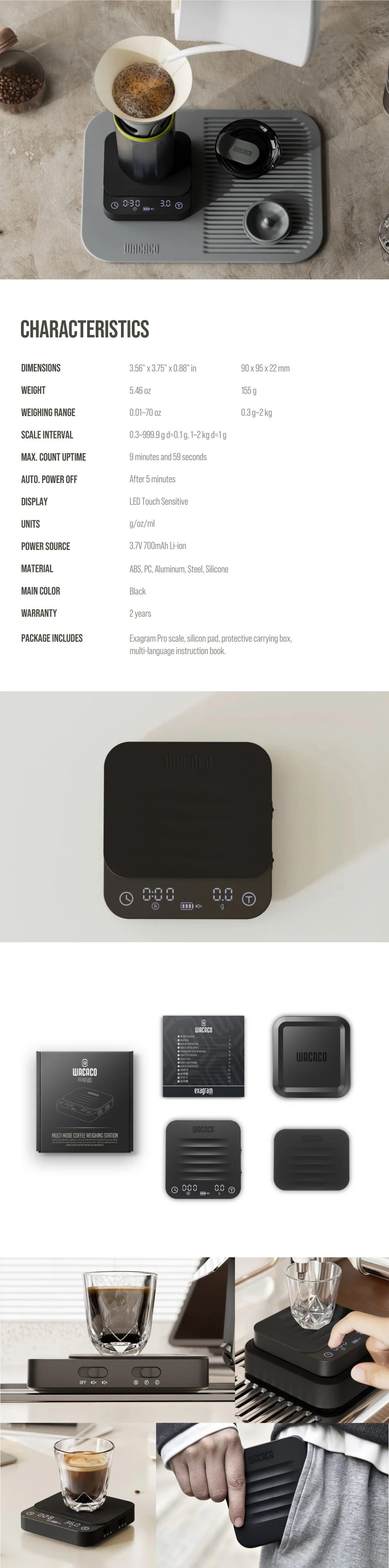 WACACO Exagram Pro Coffee Scale with Timer, 0.1g Precise Graduation, Portable Pocket Scale with Silicone Pad