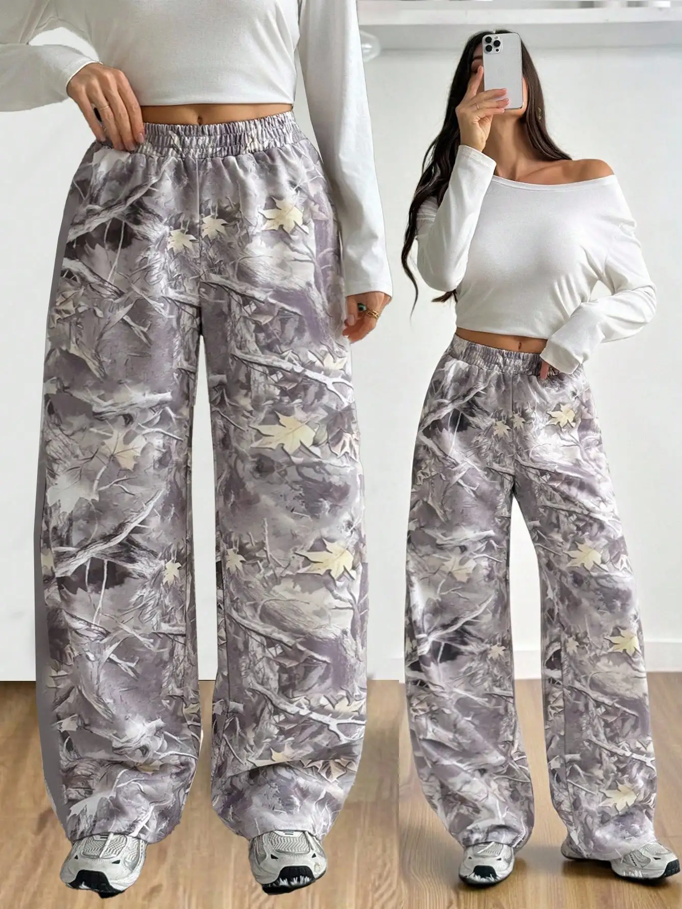 

Женские широкие свободные спортивные брюки с принтом осенних листьев, с высокой талией, комфортного кроя