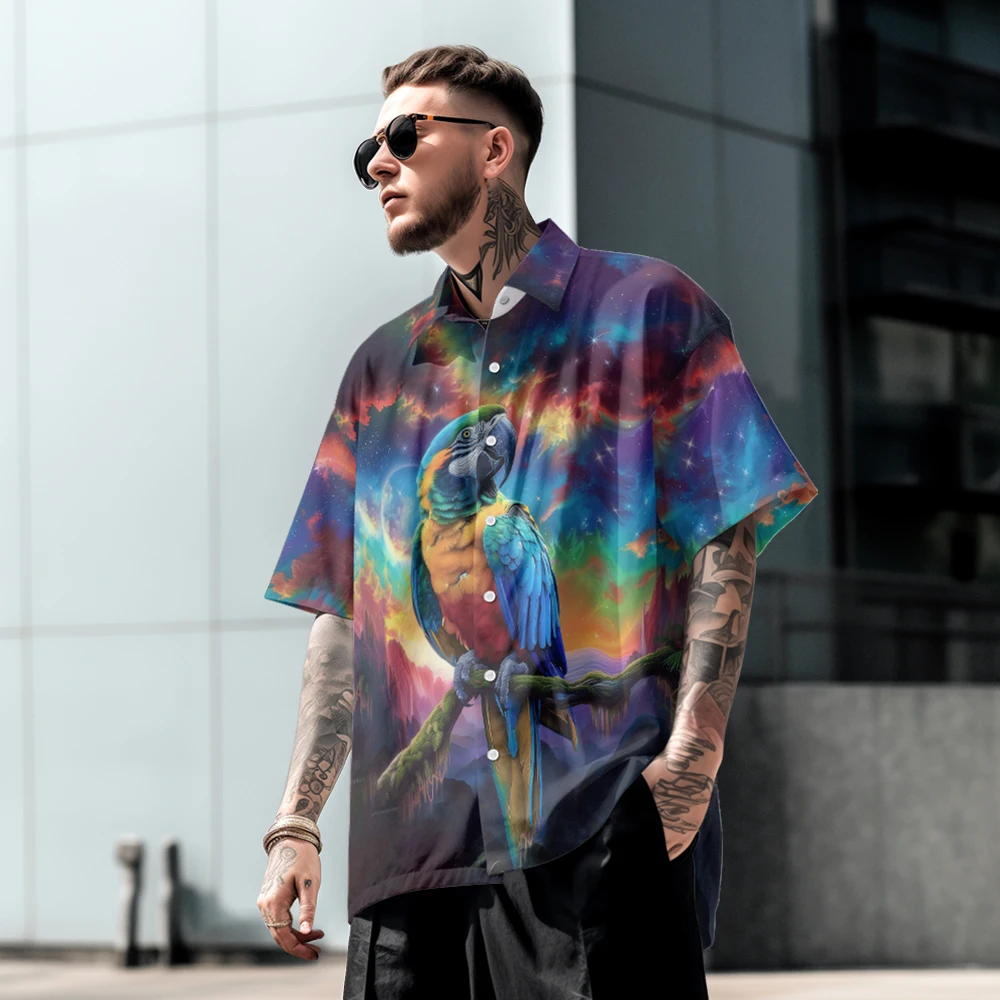 Casual style colorful starry parrot men's short-sleeved shirt summer loose large size thin lapel shirt top