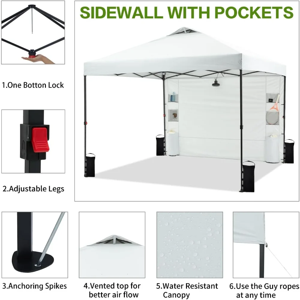Tienda emergente de 10 'x10' con 1 pared lateral y 6 bolsillos, configuración de empuje, tienda de campaña instantánea con techo ventilado, terraza de playa al aire libre