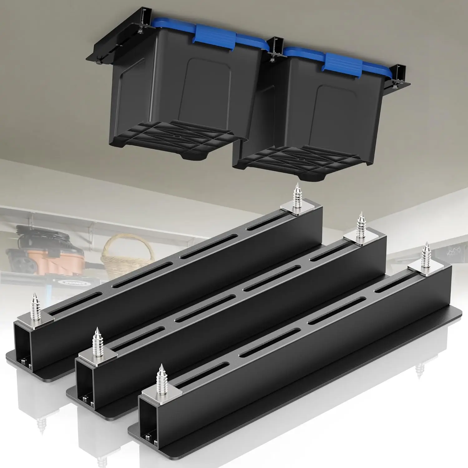 

Overhead Garage Storage Rack, Garage Ceiling Storage Racks, Heavy Duty Storage Bin Ceiling Rails for 27 Gallon Totes，To