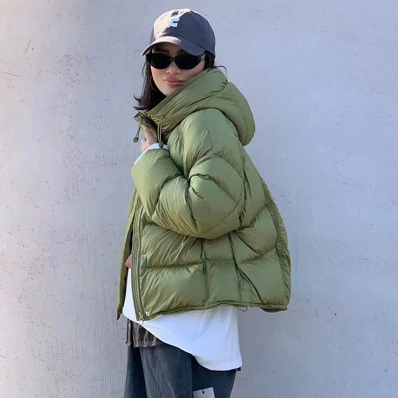 

Winter New Women's Thickened Warm White Duck down Hooded Puffer Jacket Y2K Fashion Simple Loose Soft Bread Style Cotton Coat