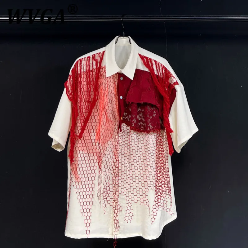 

WVGA Spring Summer New Man High Street Patchwork Mesh Fake Two-Piece Trendy Short Sleeve Shirts Niche Chic Casual Tops Y2K W9523