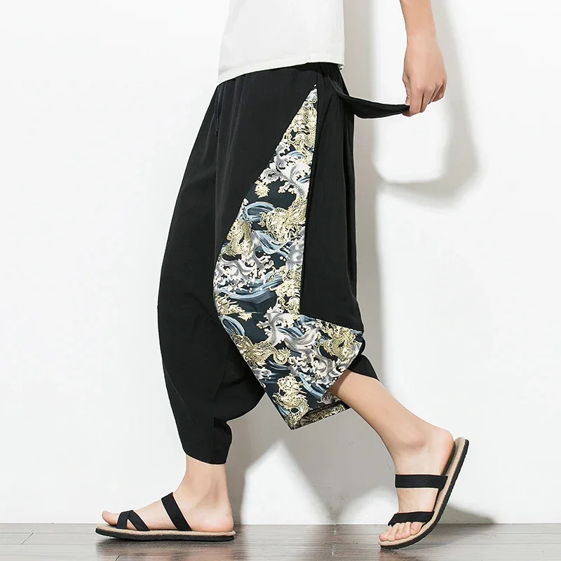 Dropshipping Men Harajuku Harem Pants 2023 Summer Cotton Joggers Calf-Length Pants Male Vintage Chinese Style Print Trousers
