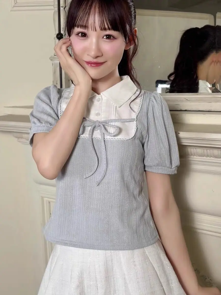 Clearly Original Japanese Style Sweet Bows Shirt Collar Patchwork Jacquard Stripes Short-sleeved T-shirt Women Girls T Shirt
