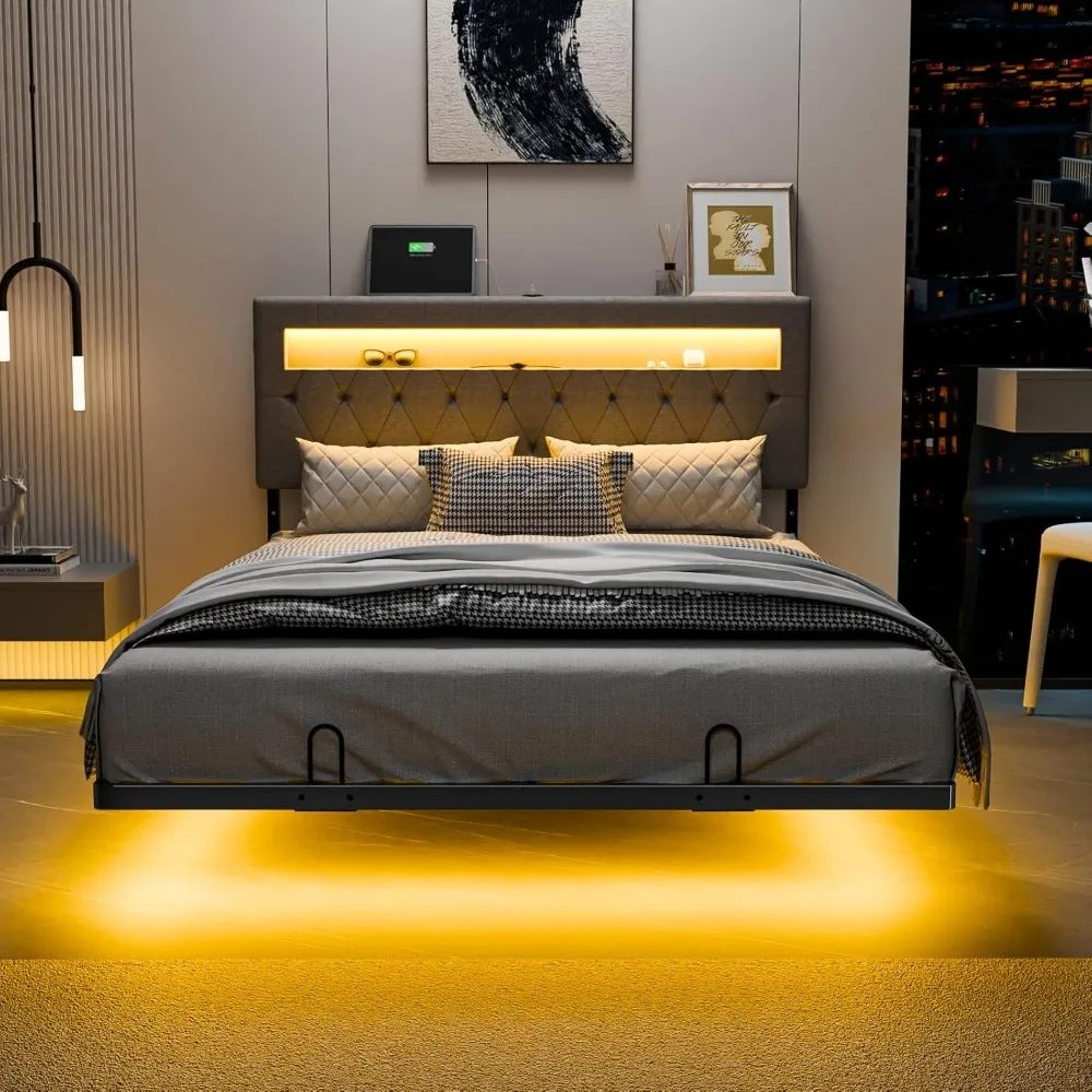 Full Size Modern Metal Bed Frame with Floating Design, LED Lights, Charging Station, Easy Assembly, No Box Spring Needed