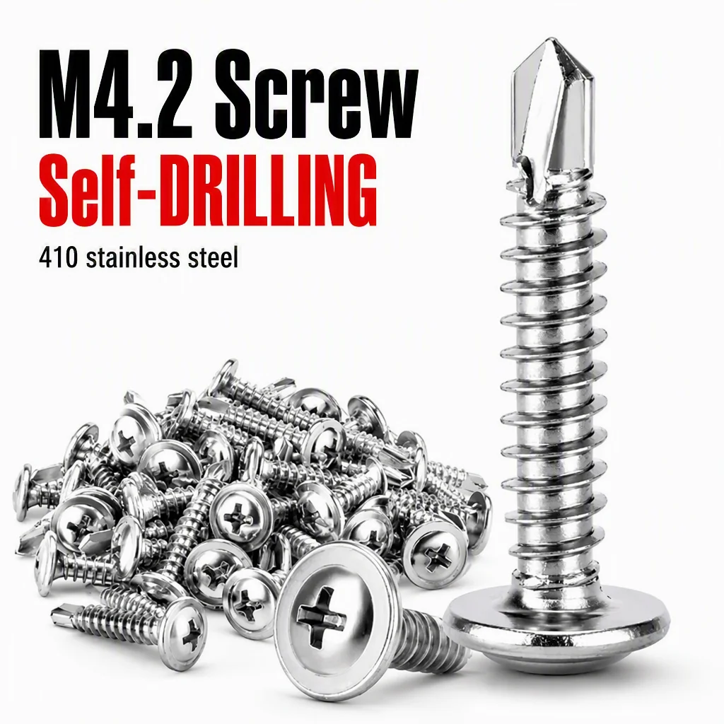 50pcs M4.2 Stainless Steel Self-tapping Screw Large Round Flat Head Self Drilling Screw Fastener for Wood Sheet Metal Repair