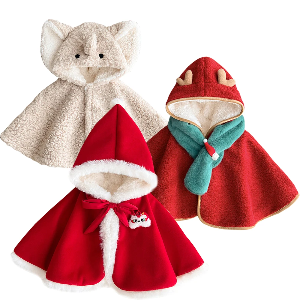 

Новогодний утепленный плащ с капюшоном для маленьких девочек 0-3 лет, накидка для малышей, красная куртка с Рождеством, зимнее плюшевое пальто, толстовка с капюшоном в виде лося, флис ягненка