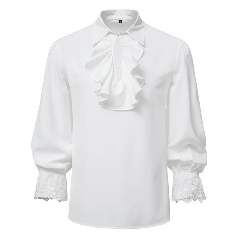 Frill Jabot Collar Shirt Halloween Men Ruffle Neck Top Long Sleeve Victoria Prince Vampire Costume Gothic Party Blouse For Adult