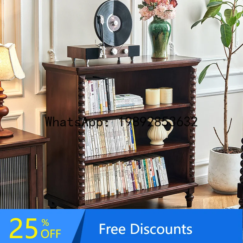 

LYY American Style Solid Wood Bookshelf Floor Storage Rack Full Walnut Wood French Living Room Open Wall-Mounted Combination
