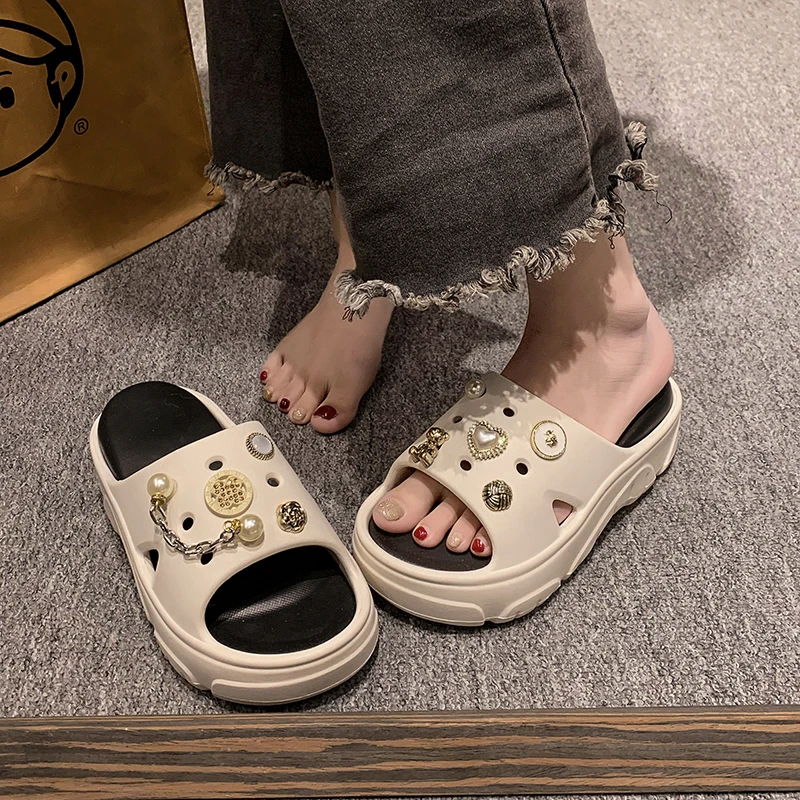 Summer Women Slippers Sweet Chains Jewel Decoration Platform Slides Casual Outdoor Clogs Sandals Female Indoor Home Shoe Loafers