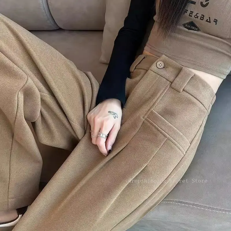 Khaki Tweed Wide-legged Pants Female Autumn Winter High-waisted Drape Loose Padded Thickened Straight Drag Trousers