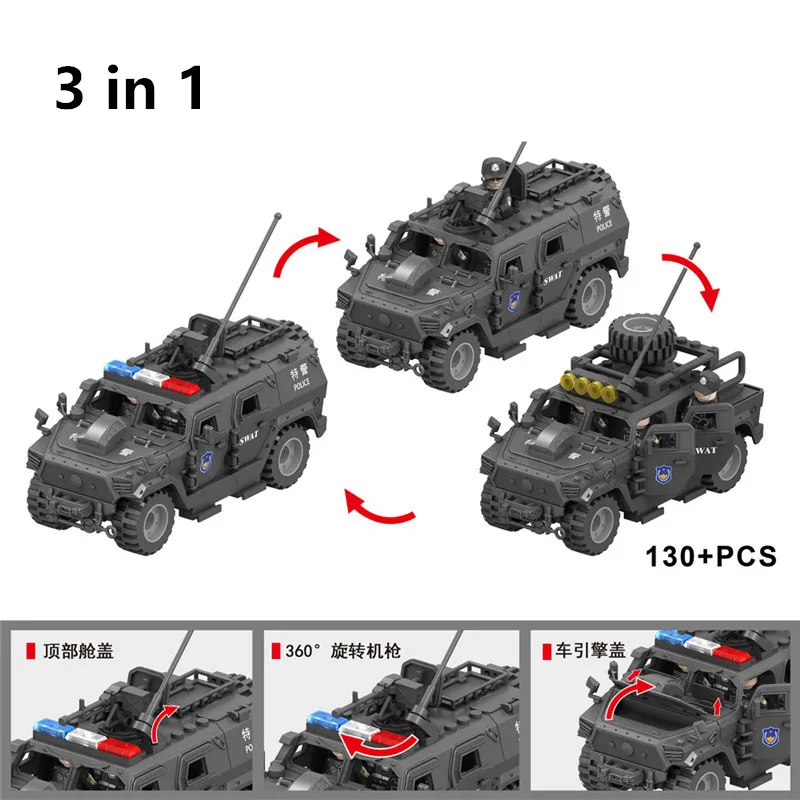 Décennie s de construction de véhicule blindé Kokor des forces spéciales militaires, modèle de véhicule tout-terrain, assemblage de jouets en briques, 3 en 1, 140 pièces