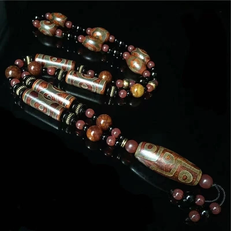 Nature Tibetan Dzi Bead 9 Eyes Amulet Necklact Pendant Magical Energy Bless Wealth Chalcedony Talisman