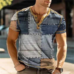 Summer 3D Printed Men's Button T Shirt Retro Patchwork Pattern Cool Breathable Short Sleeve Trendy Casual T Shirt Oversized Top